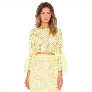 ALEXIS, Lace pattern bateau neckline crop top, Yellow, XS